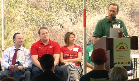 SDSU's President Elliot Hirshman and Associated Students President J. Cole in attendance of the community garden's opening.